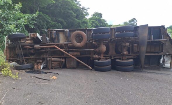 Araguari: Caminhão capota na BR-050 após falha nos freios