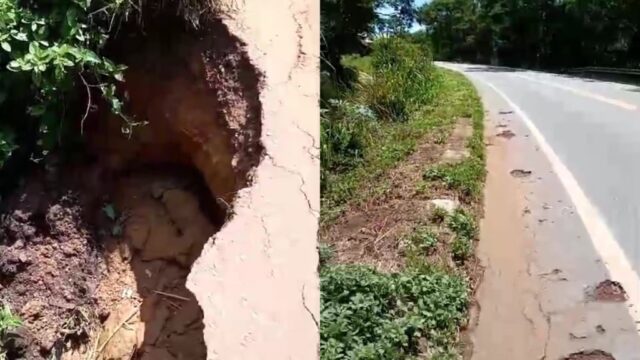 Vídeo mostra cratera aberta às margens da GO-330 após chuvas em Pires do Rio