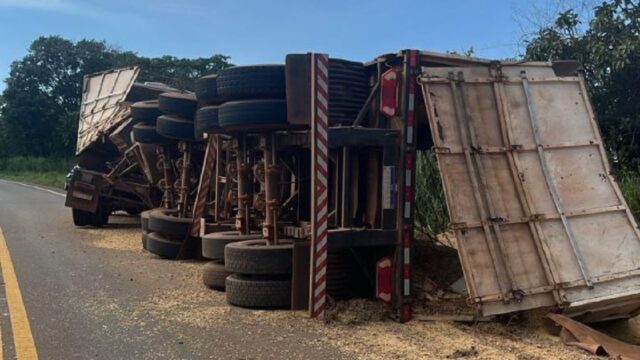Carreta carregada de soja tomba na GO-330 e Bombeiros realizam limpeza da pista