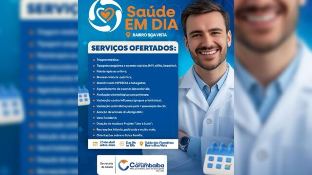 Prefeitura de Corumbaíba promoverá nesta sexta-feira (25) o "Saúde em Dia" no Bairro Boa Vista