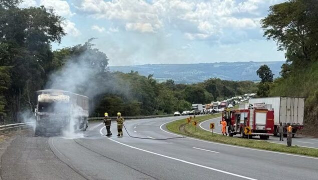 Caminhão carregado com soja pega fogo na BR-050 entre Araguari e Uberlândia