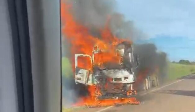 Cabine de bitrem pega fogo após pane no motor na GO-330 entre Pires do Rio e Orizona