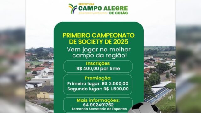Campo Alegre de Goiás abre inscrições para 1º Campeonato de Society com premiação de até R$ 3,5 mil