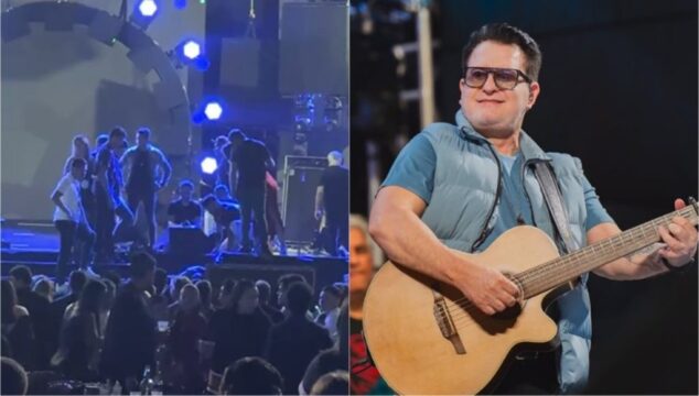 Marrone cai do palco durante show em Goiânia, leva pontos na testa e passa bem