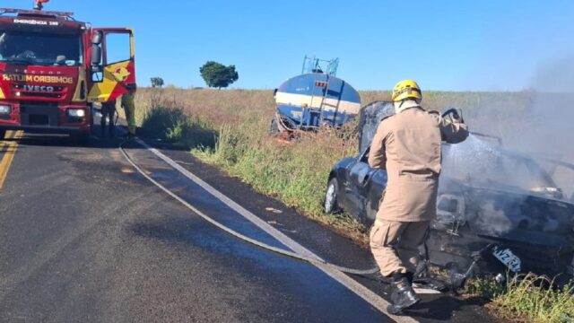 Incêndio em veículo de passeio e caminhão-tanque mobiliza Corpo de Bombeiros na GO-139 em Caldas Novas