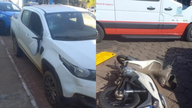 Mulher fica ferida após colisão entre moto e carro em Pires do Rio