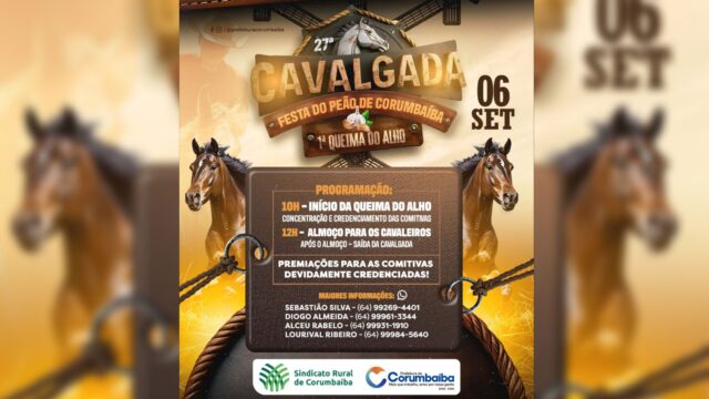 27ª Cavalgada da Festa do Peão de Corumbaíba será realizada em 6 de setembro com Queima do Alho e premiações