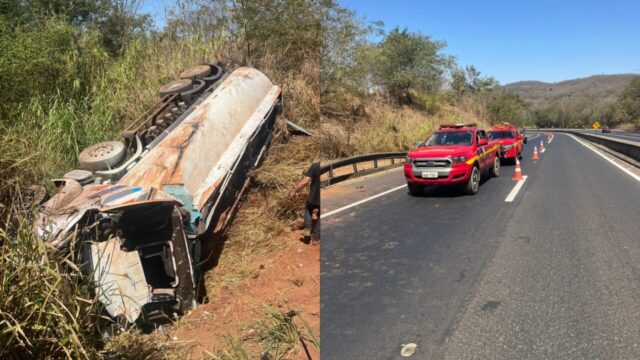 Caminhão carregado com diesel tomba na BR-050, em Araguari, e motorista fica ferido