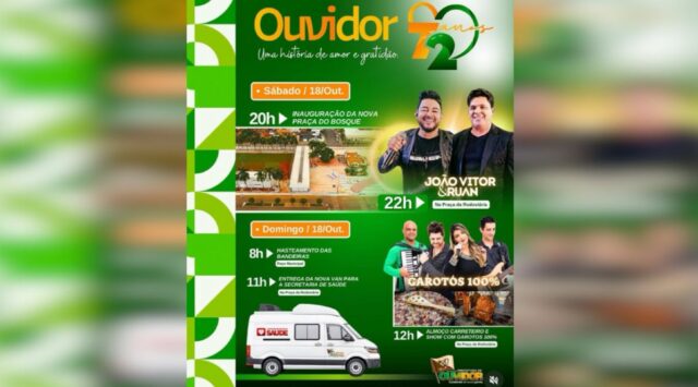Ouvidor celebra 72 anos com inaugurações, shows e programação especial durante o fim de semana