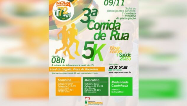 nscrições abertas para a 3ª Corrida de Rua 5K e Caminhada em Nova Aurora
