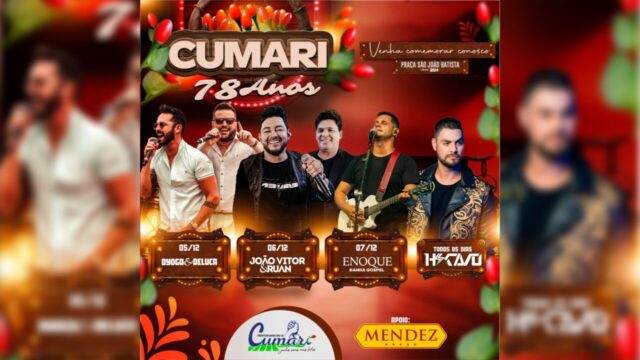 Cumari divulga programação dos 78 anos com quatro dias de shows, atividades culturais e almoço especial na Praça São João Batista