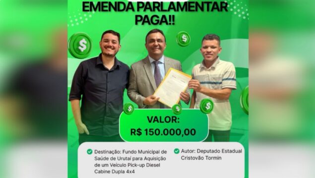 Emenda de R$ 150 mil para a saúde de Urutaí é paga e garante compra de veículo 4x4