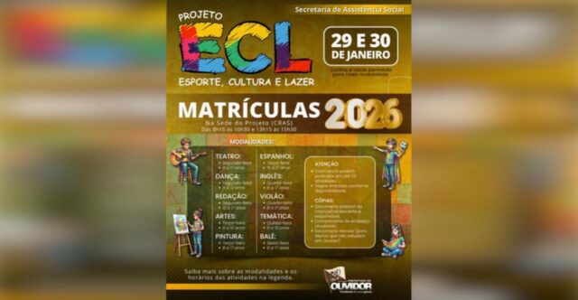 Projeto ECL abre matrículas para atividades esportivas, culturais e educacionais em Ouvidor