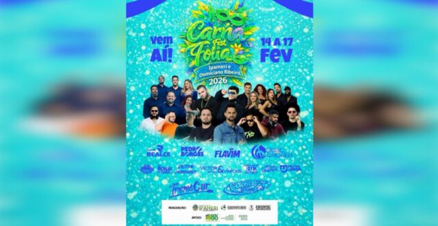 Carna Fest Folia 2026 agita Ipameri e Domiciano Ribeiro de 14 a 17 de fevereiro