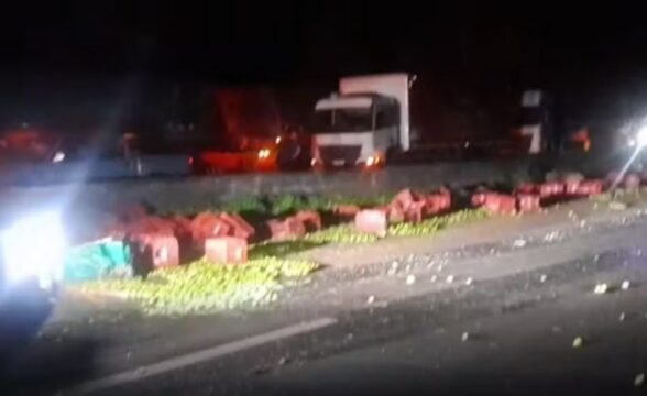 Caminhão carregado com limões tomba e interdita trecho da BR-050 entre Araguari e Uberlândia