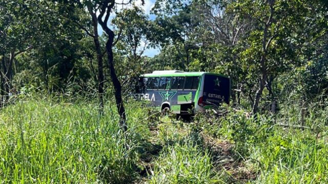 Ônibus com 21 passageiros sai da pista após falha mecânica e motorista fica ferido em Araguari