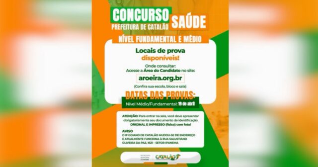 Concurso da Saúde em Catalão: locais de prova para níveis médio e fundamental já podem ser consultados