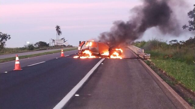 Carro pega fogo após colisão na BR-050, em Catalão, e motorista não é encontrado