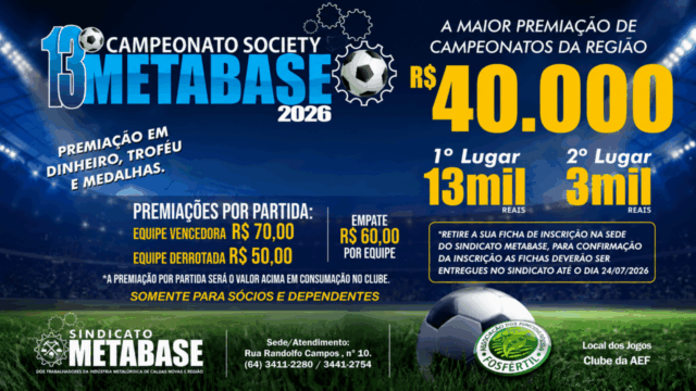 13º Campeonato Society Metabase 2026 abre inscrições com mais de R$ 40 mil em premiações