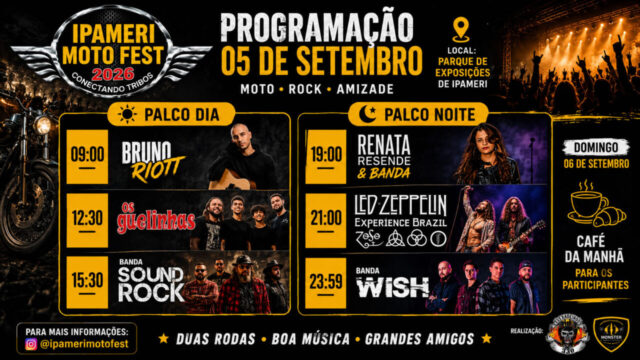 Ipameri Moto Fest 2026 divulga programação oficial de shows para o dia 5 de setembro