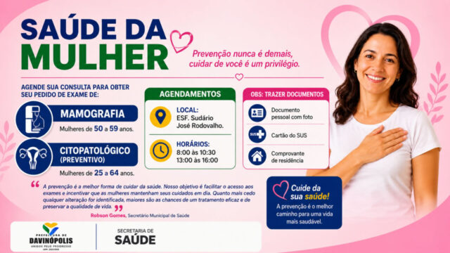 Prefeitura de Davinópolis inicia agendamentos para exames preventivos voltados à saúde da mulher