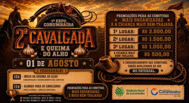 2ª Cavalgada e Queima do Alho de Corumbaíba terá premiação de até R$ 2 mil e programação especial no dia 1º de agosto