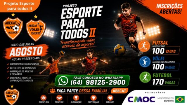ABECAT abre inscrições para projeto esportivo gratuito com 370 vagas em Ouvidor