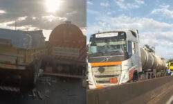 Dois caminhões se envolvem em acidente e causam congestionamento na BR-050, em Uberlândia Dois caminhões se envolvem em acidente e causam congestionamento na BR-050, em Uberlândia