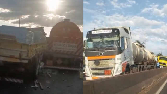 Dois caminhões se envolvem em acidente e causam congestionamento na BR-050, em Uberlândia