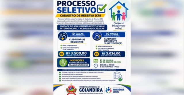 Prefeitura de Goiandira abre inscrições para processo seletivo com vagas de cadastro de reserva para Casa Lar