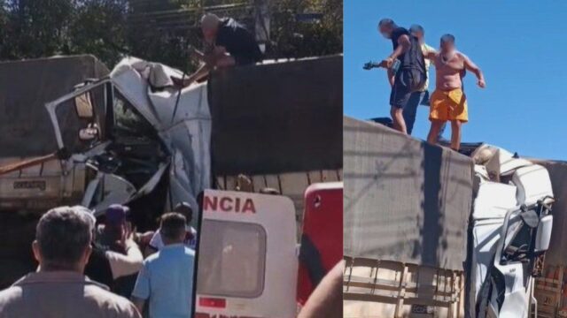Motorista é retirado com vida de cabine destruída após batida entre duas carretas em Abadia dos Dourados