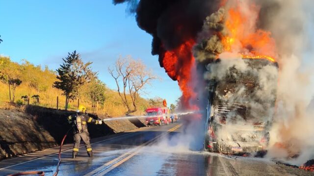 Ônibus pega fogo na BR-364, em Mineiros; passageiros não ficaram feridos