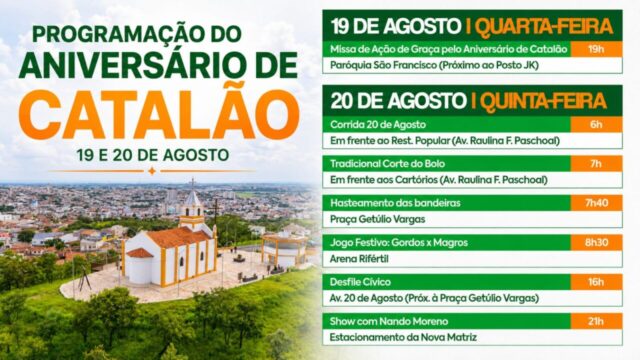 Catalão celebra aniversário com programação especial nos dias 19 e 20 de agosto