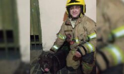 Mulher e cadela são retiradas de casa atingida por incêndio em Uberlândia Mulher e cadela são retiradas de casa atingida por incêndio em Uberlândia