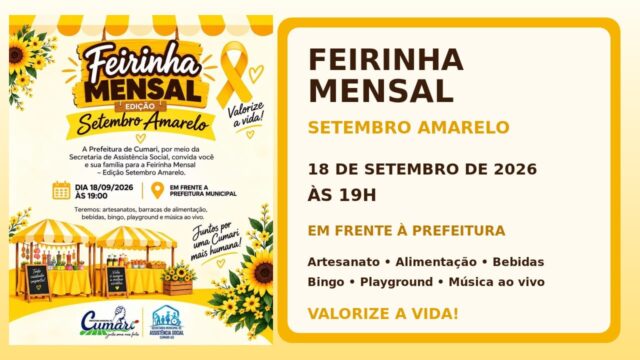Feirinha Mensal terá edição especial do Setembro Amarelo nesta sexta-feira, em Cumari