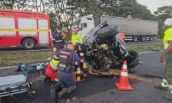 Colisão entre carro e veículo pesado termina em capotamento na BR-050, em Araguari