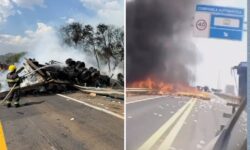 Acidente mata motorista e deixa caminhão em chamas na BR-153, em Goiás Acidente mata motorista e deixa caminhão em chamas na BR-153, em Goiás