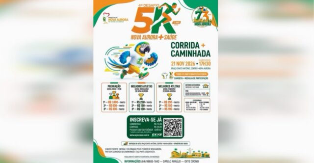 Nova Aurora abre inscrições para corrida e caminhada com 150 vagas
